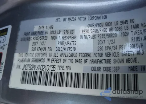 2010 Mazda Cx-9 Grand Touring z USA, uszkodzony, nr VIN JM3TB2MAXA0210135